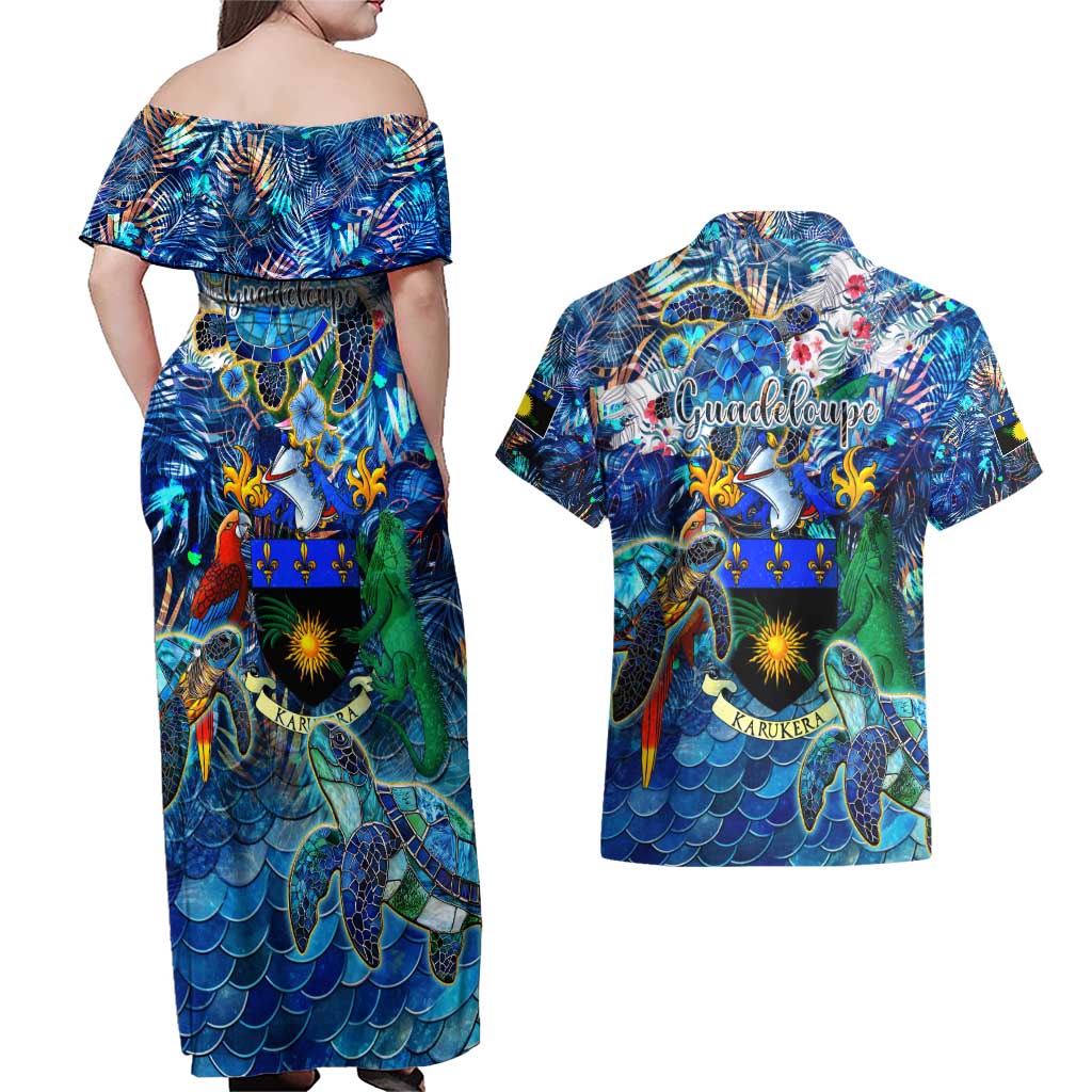 Guadeloupe Couples Matching Off Shoulder Maxi Dress and Hawaiian Shirt Sea Turtle Tropical Pattern