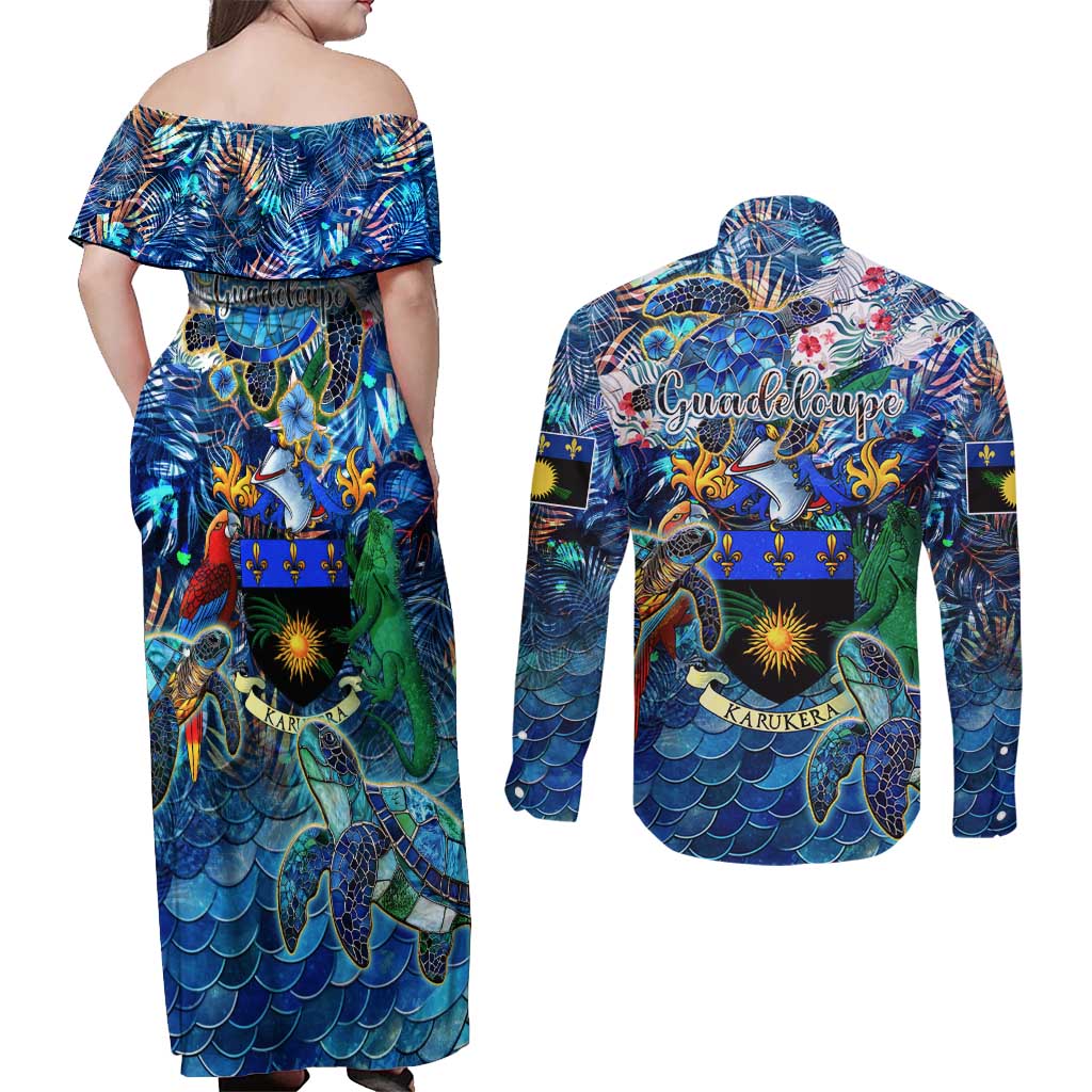 Guadeloupe Couples Matching Off Shoulder Maxi Dress and Long Sleeve Button Shirt Sea Turtle Tropical Pattern