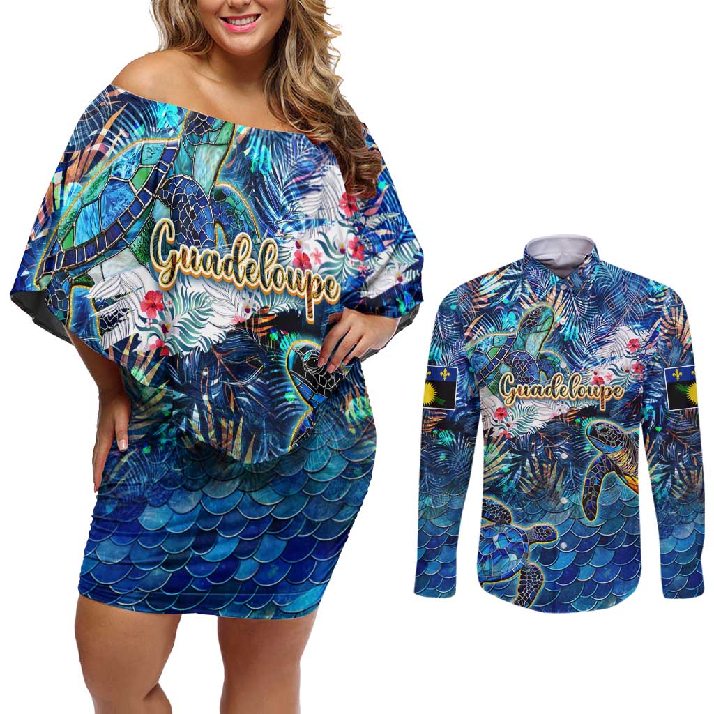 Guadeloupe Couples Matching Off Shoulder Short Dress and Long Sleeve Button Shirt Sea Turtle Tropical Pattern