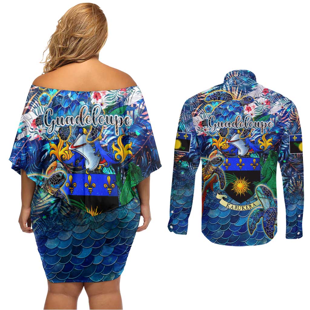 Guadeloupe Couples Matching Off Shoulder Short Dress and Long Sleeve Button Shirt Sea Turtle Tropical Pattern