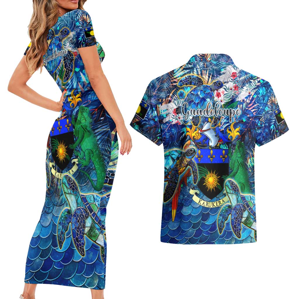 Guadeloupe Couples Matching Short Sleeve Bodycon Dress and Hawaiian Shirt Sea Turtle Tropical Pattern