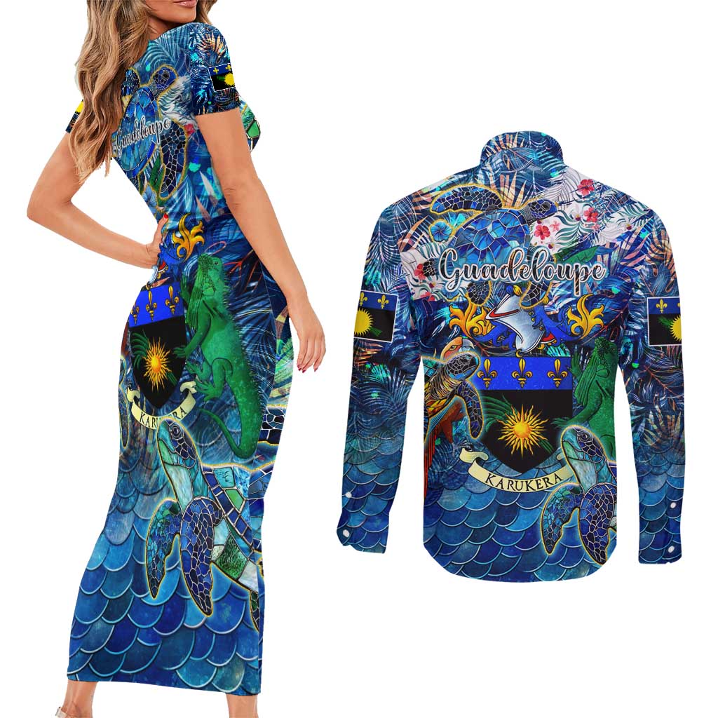 Guadeloupe Couples Matching Short Sleeve Bodycon Dress and Long Sleeve Button Shirt Sea Turtle Tropical Pattern