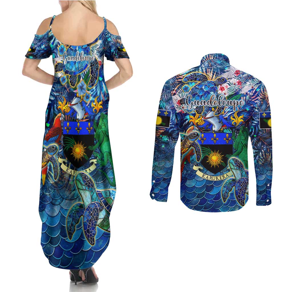 Guadeloupe Couples Matching Summer Maxi Dress and Long Sleeve Button Shirt Sea Turtle Tropical Pattern
