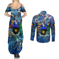 Guadeloupe Couples Matching Summer Maxi Dress and Long Sleeve Button Shirt Sea Turtle Tropical Pattern