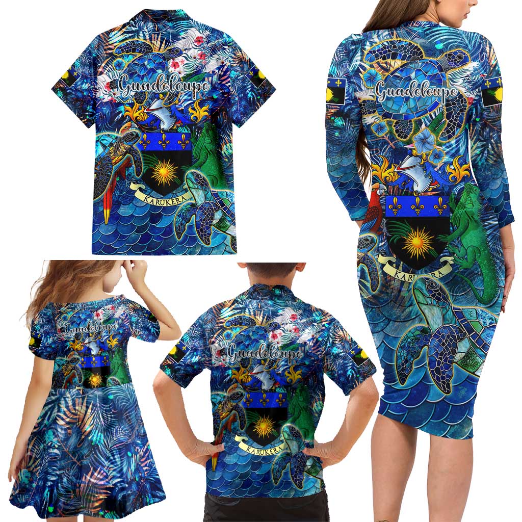 Guadeloupe Family Matching Long Sleeve Bodycon Dress and Hawaiian Shirt Sea Turtle Tropical Pattern