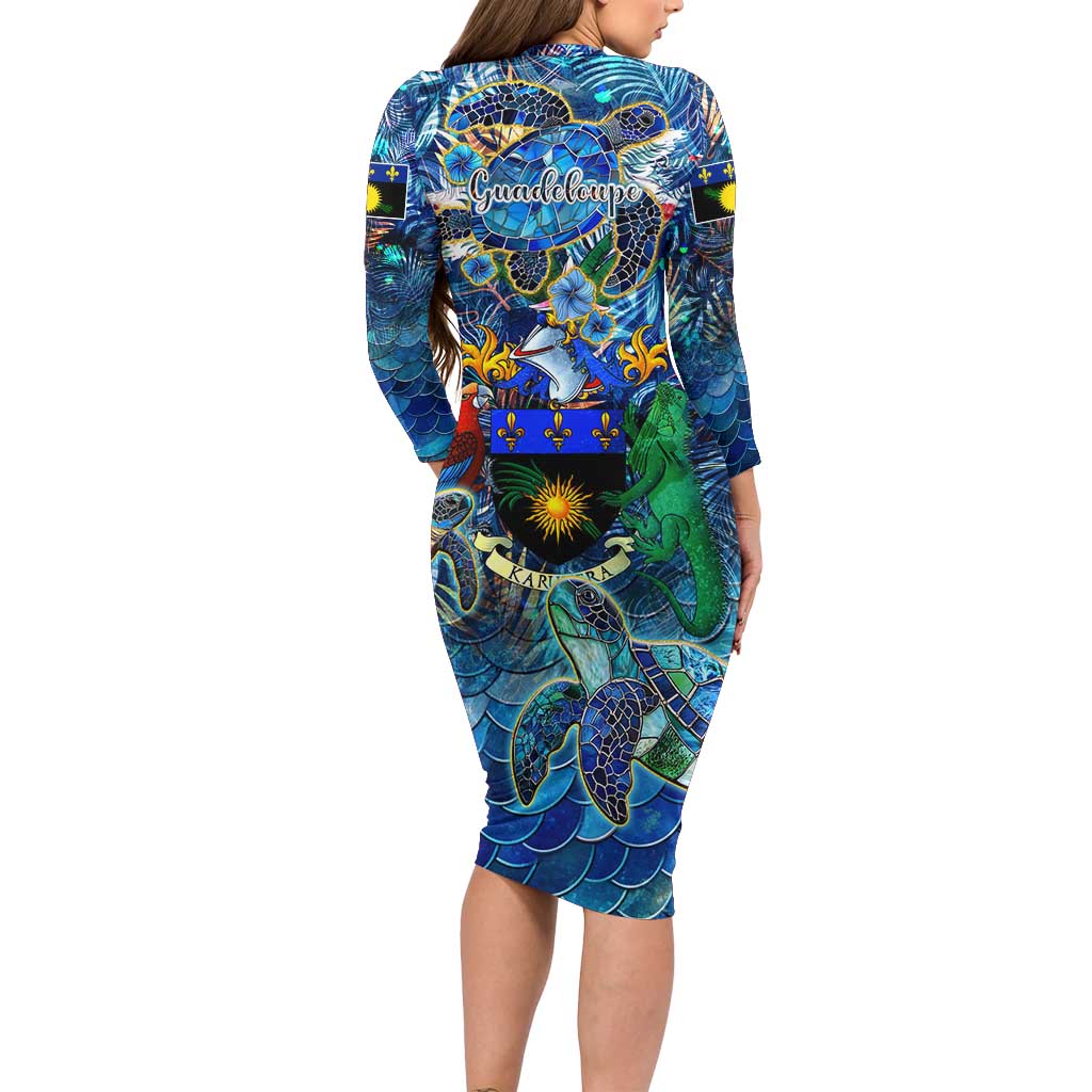 Guadeloupe Family Matching Long Sleeve Bodycon Dress and Hawaiian Shirt Sea Turtle Tropical Pattern