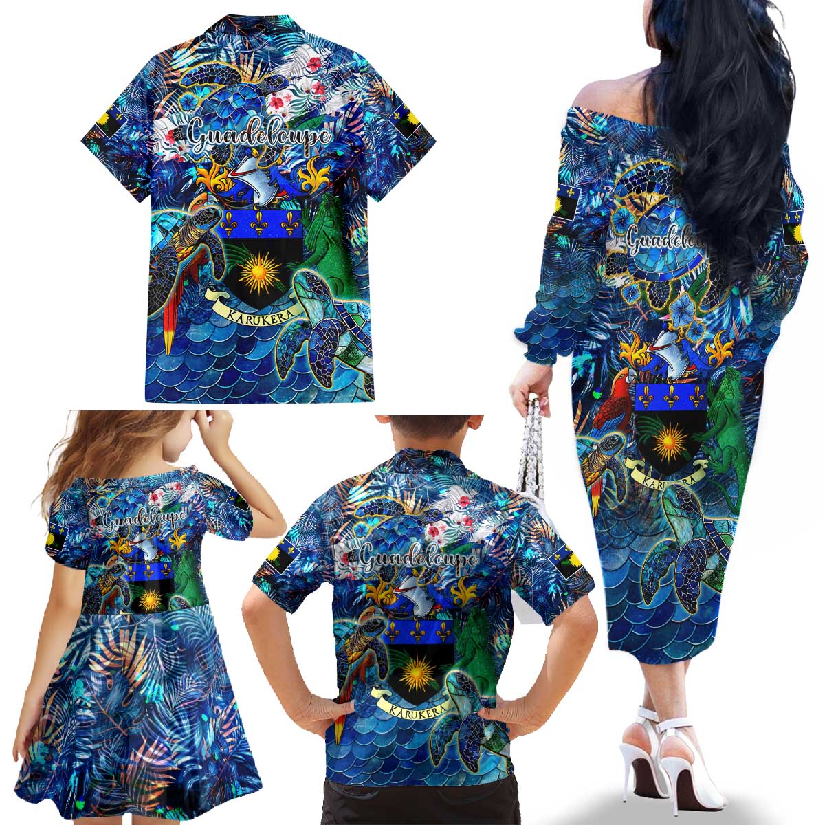 Guadeloupe Family Matching Off The Shoulder Long Sleeve Dress and Hawaiian Shirt Sea Turtle Tropical Pattern