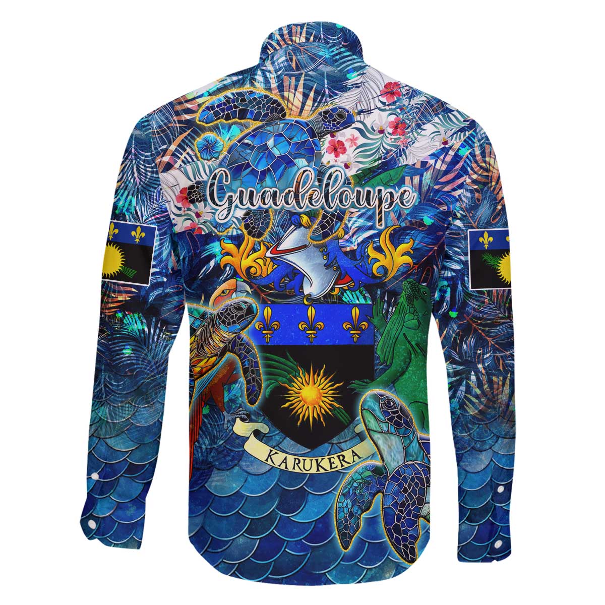 Guadeloupe Family Matching Off The Shoulder Long Sleeve Dress and Hawaiian Shirt Sea Turtle Tropical Pattern