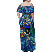 Guadeloupe Family Matching Off Shoulder Maxi Dress and Hawaiian Shirt Sea Turtle Tropical Pattern
