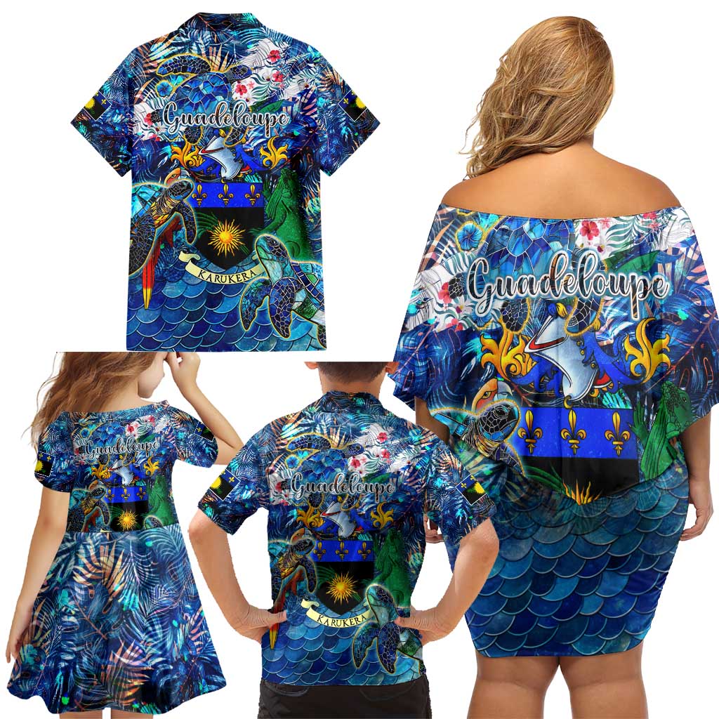 Guadeloupe Family Matching Off Shoulder Short Dress and Hawaiian Shirt Sea Turtle Tropical Pattern - Wonder Print Shop
