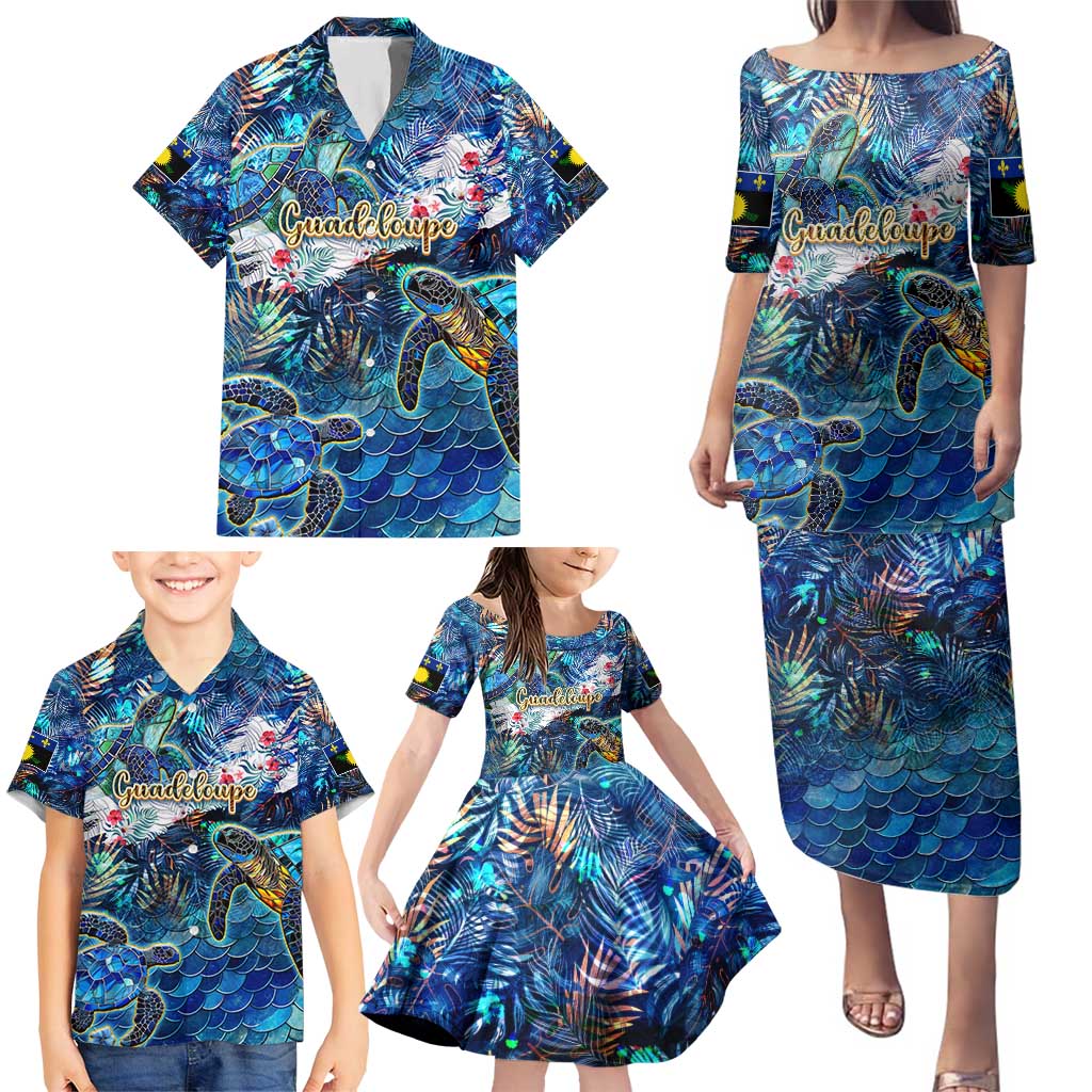 Guadeloupe Family Matching Puletasi and Hawaiian Shirt Sea Turtle Tropical Pattern