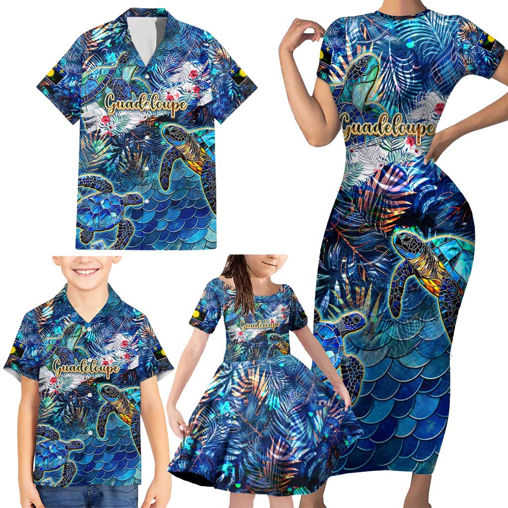 Guadeloupe Family Matching Short Sleeve Bodycon Dress and Hawaiian Shirt Sea Turtle Tropical Pattern - Wonder Print Shop