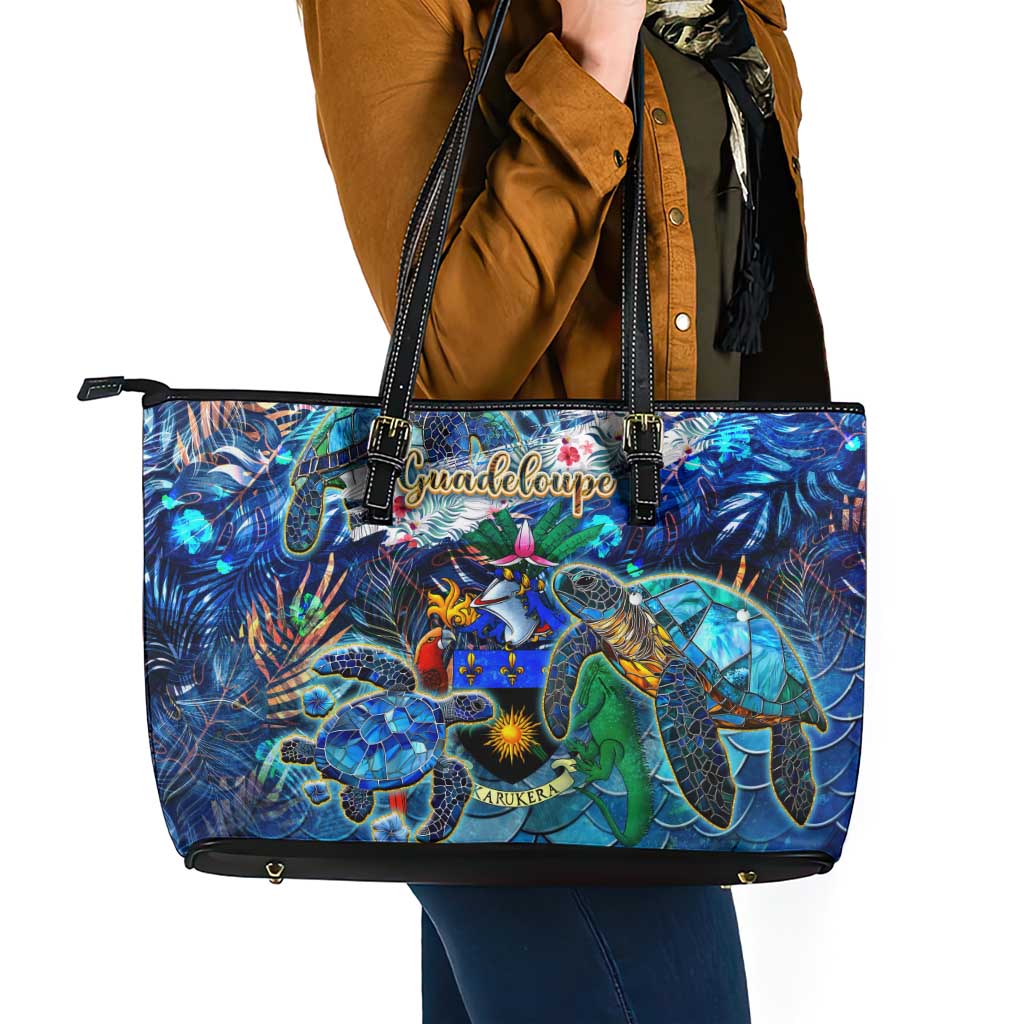 Guadeloupe Leather Tote Bag Sea Turtle Tropical Pattern