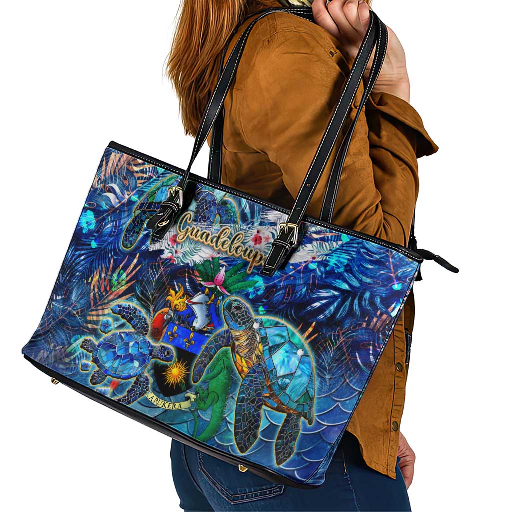 Guadeloupe Leather Tote Bag Sea Turtle Tropical Pattern