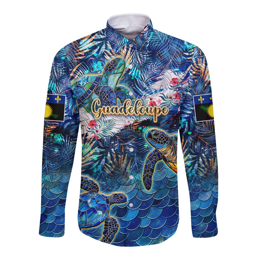 Guadeloupe Long Sleeve Button Shirt Sea Turtle Tropical Pattern