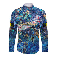 Guadeloupe Long Sleeve Button Shirt Sea Turtle Tropical Pattern