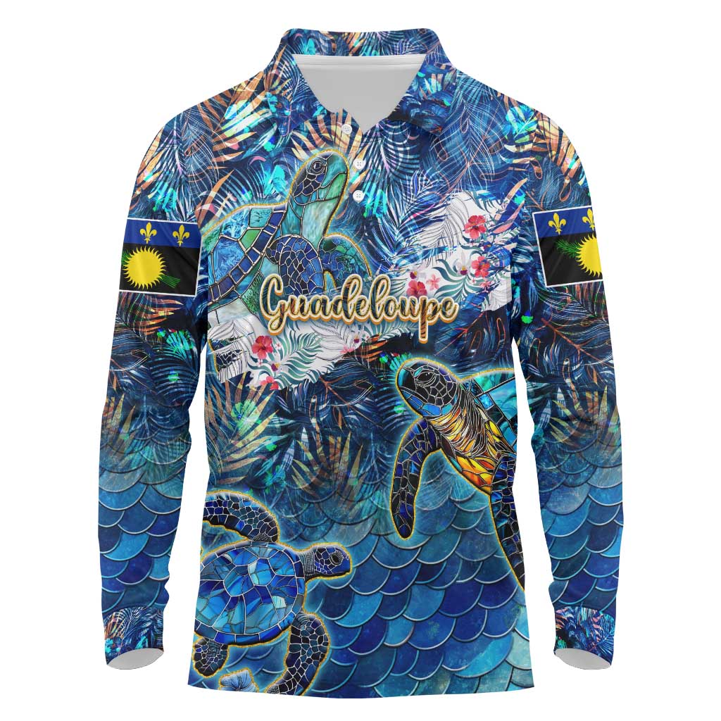 Guadeloupe Long Sleeve Polo Shirt Sea Turtle Tropical Pattern - Wonder Print Shop