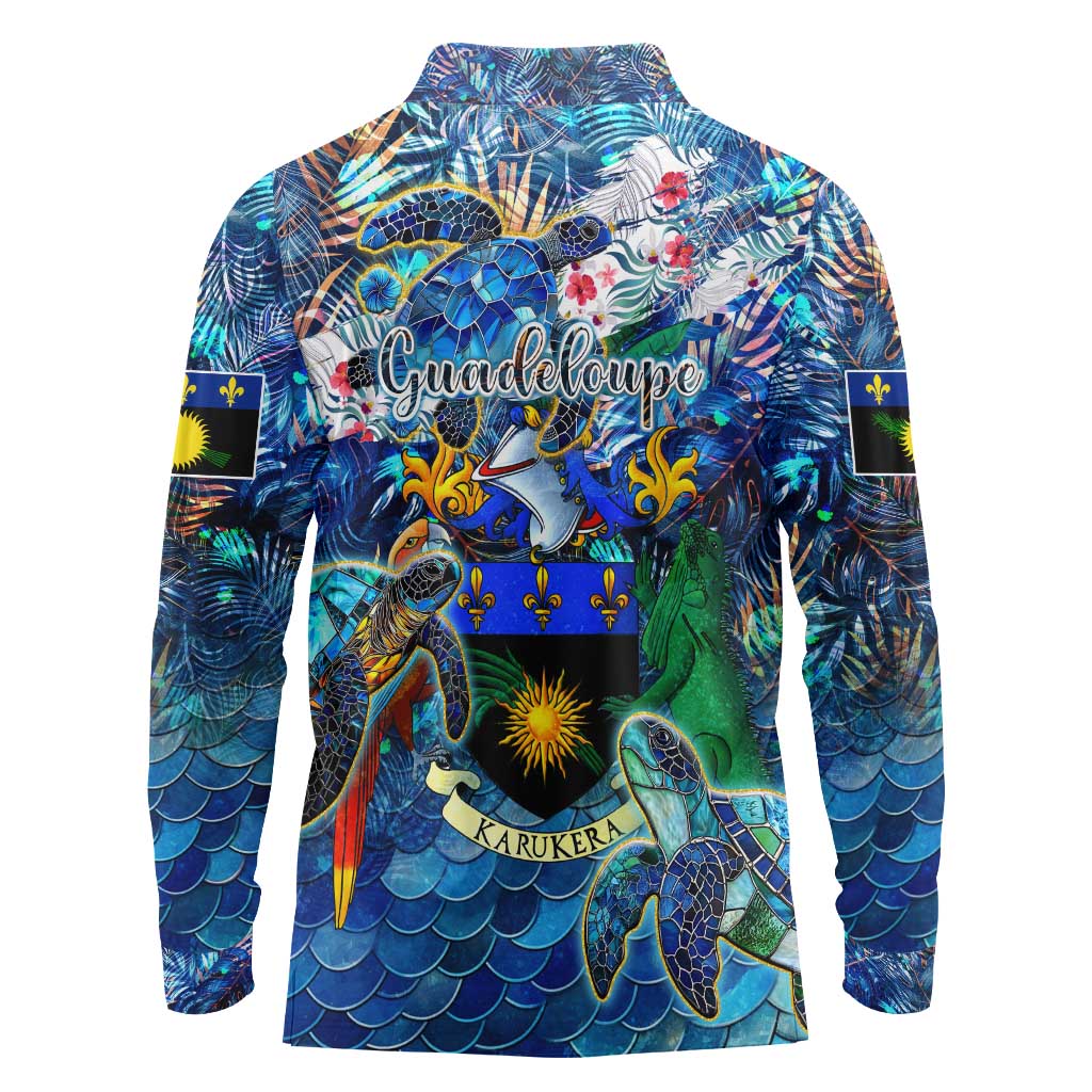 Guadeloupe Long Sleeve Polo Shirt Sea Turtle Tropical Pattern - Wonder Print Shop