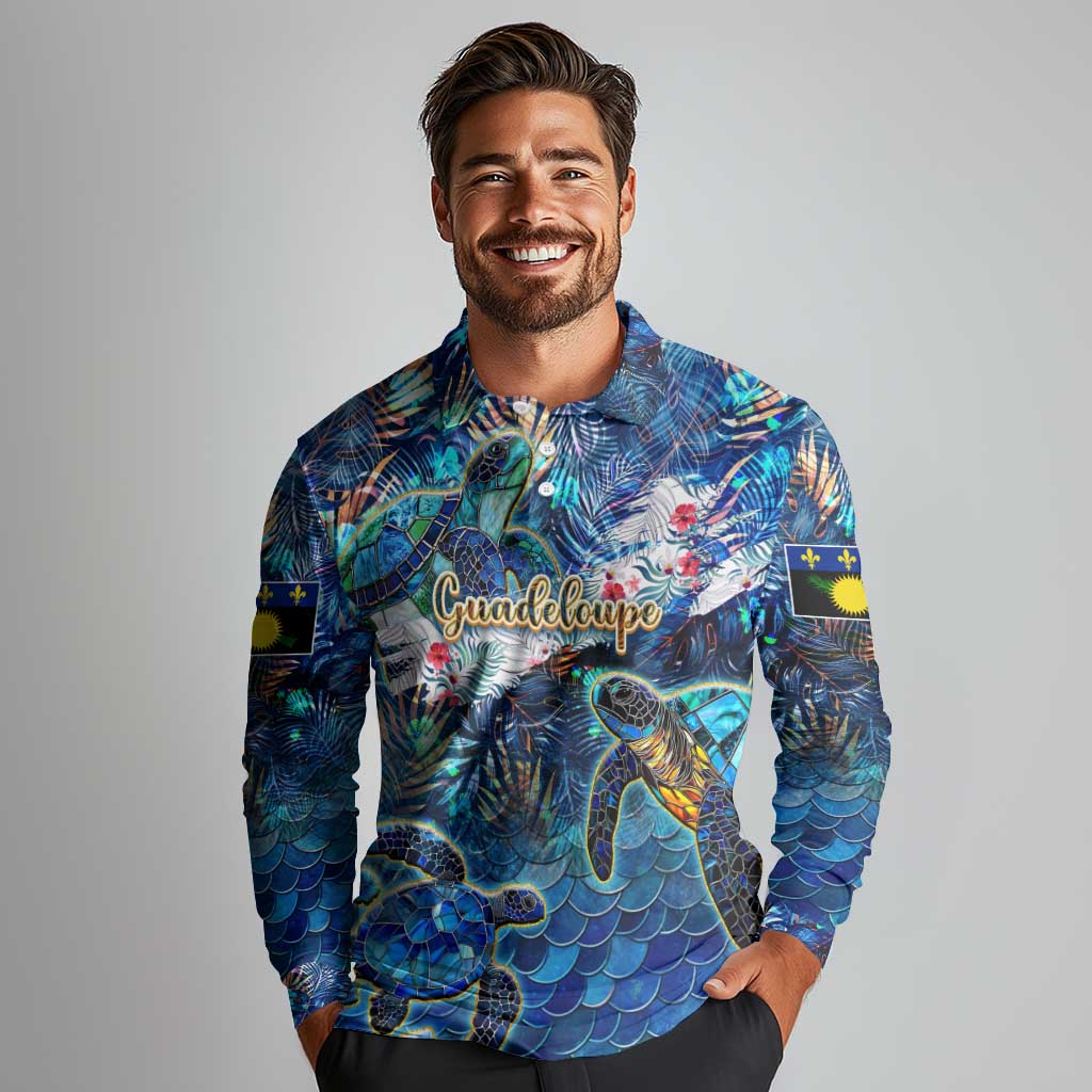 Guadeloupe Long Sleeve Polo Shirt Sea Turtle Tropical Pattern - Wonder Print Shop