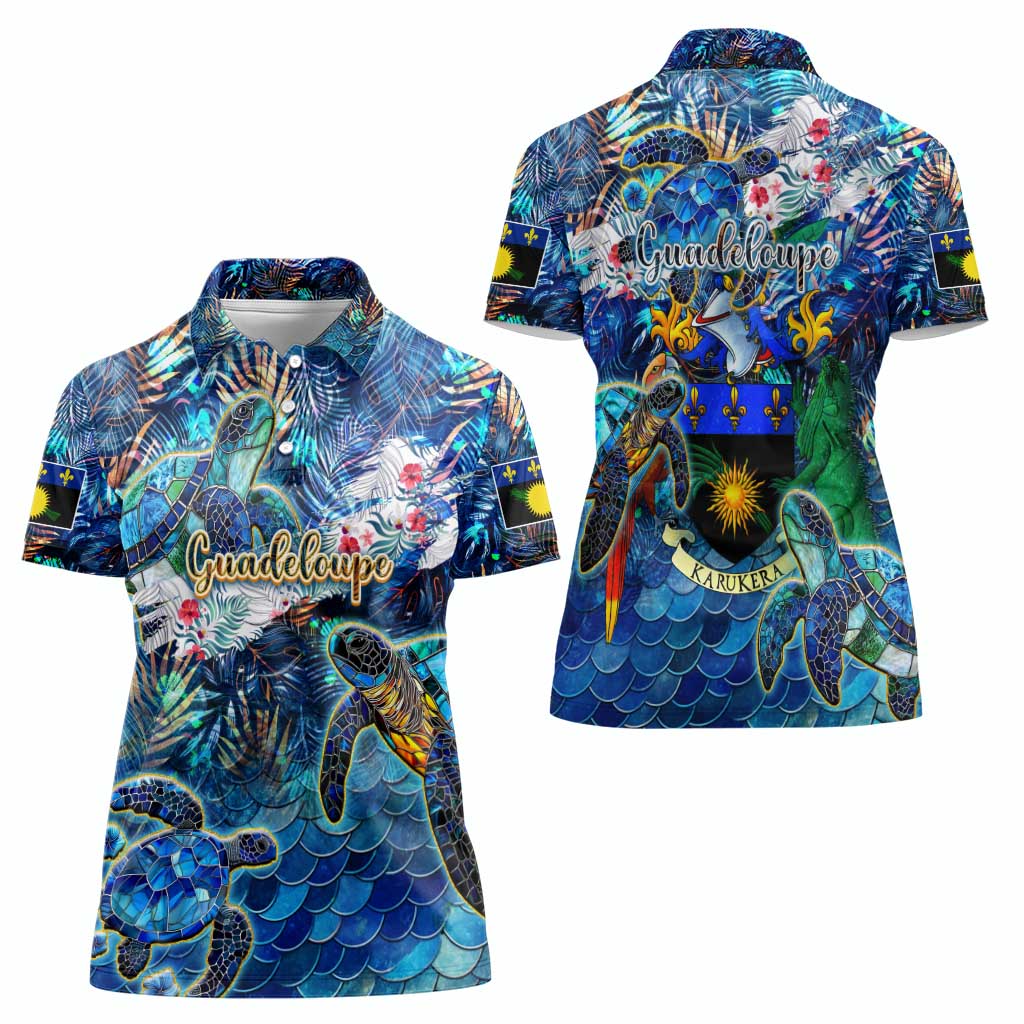 Guadeloupe Women Polo Shirt Sea Turtle Tropical Pattern - Wonder Print Shop