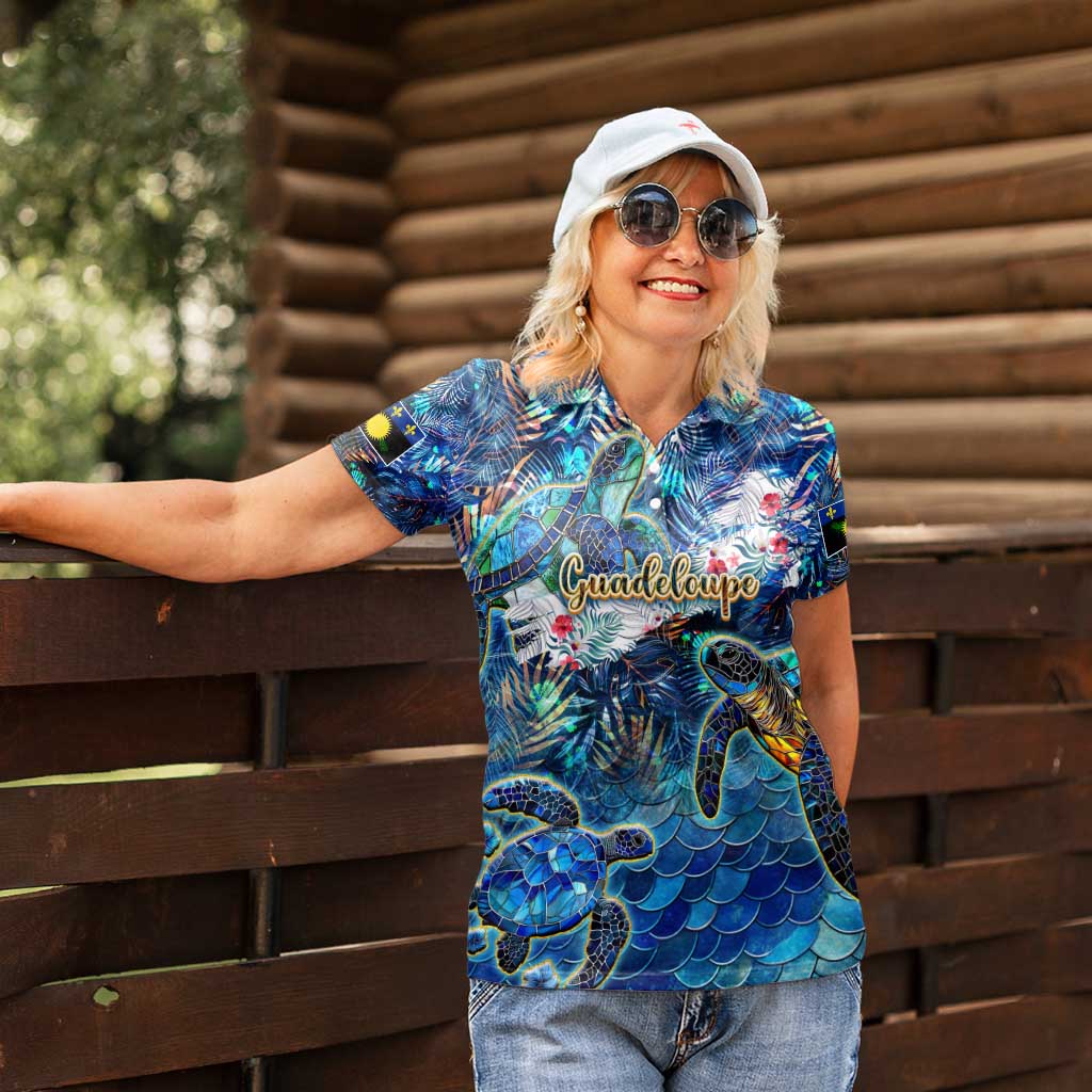 Guadeloupe Women Polo Shirt Sea Turtle Tropical Pattern - Wonder Print Shop