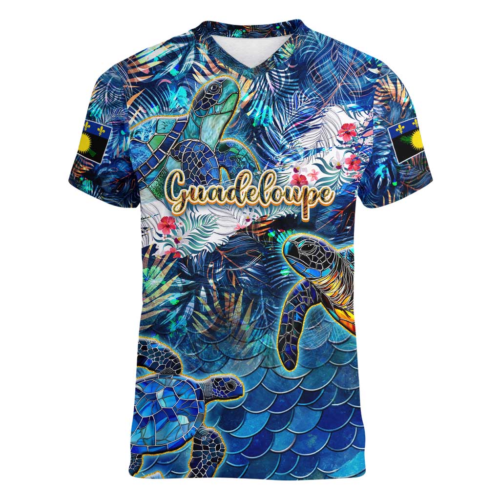 Guadeloupe Women V-Neck T-Shirt Sea Turtle Tropical Pattern - Wonder Print Shop