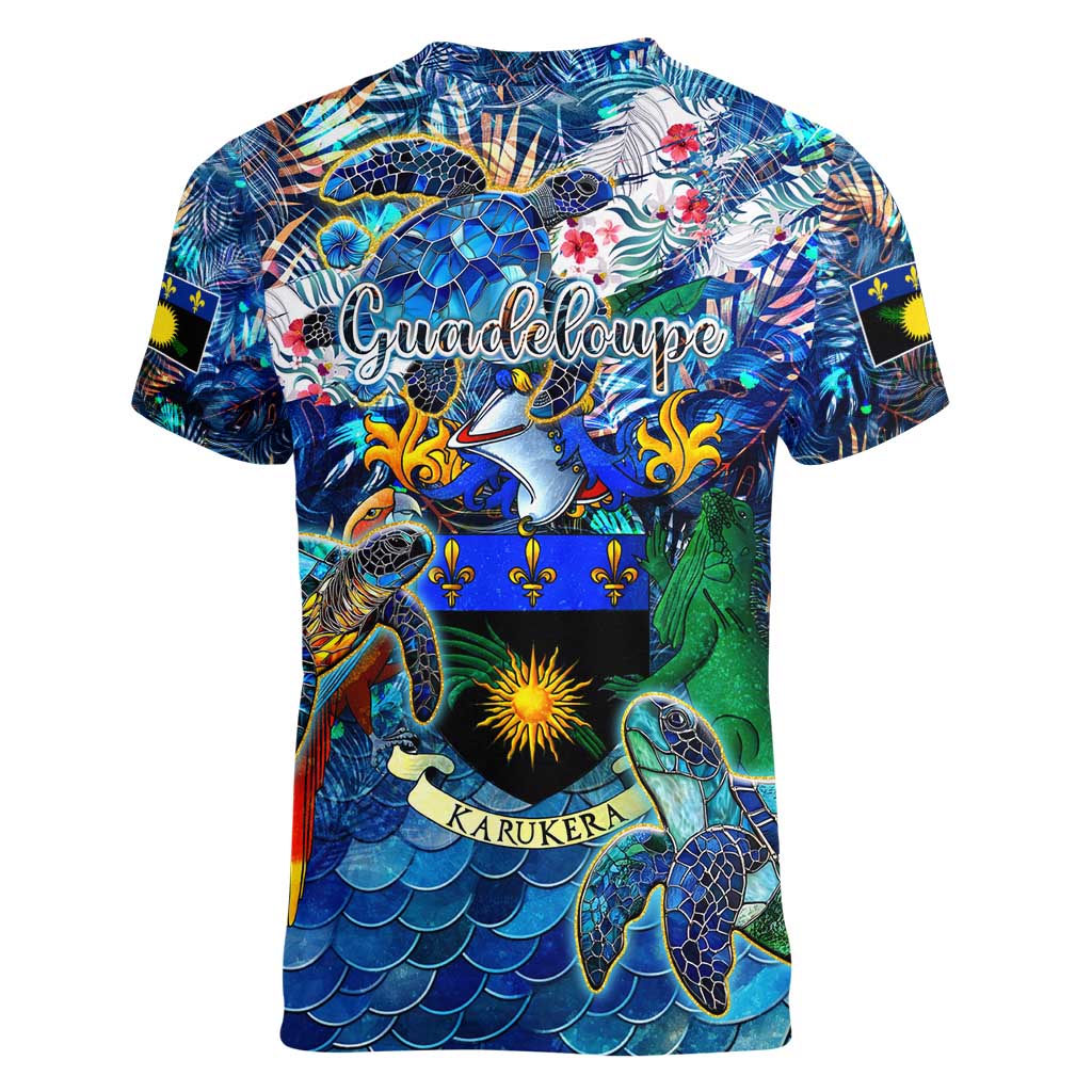 Guadeloupe Women V-Neck T-Shirt Sea Turtle Tropical Pattern - Wonder Print Shop