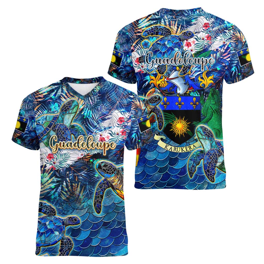 Guadeloupe Women V-Neck T-Shirt Sea Turtle Tropical Pattern - Wonder Print Shop