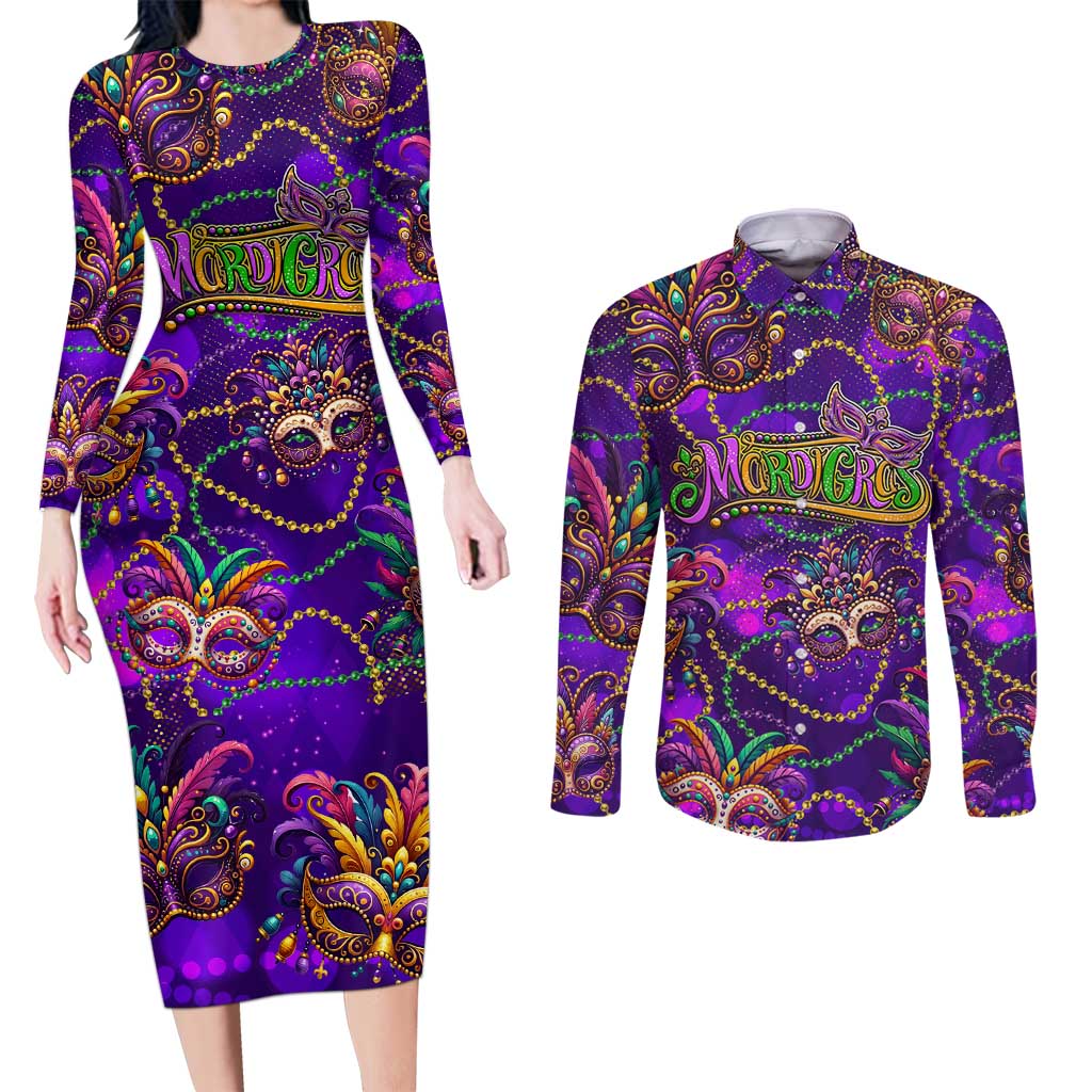 Mardi Gras Couples Matching Long Sleeve Bodycon Dress and Long Sleeve Button Shirt Mask Glitter Art