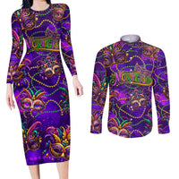 Mardi Gras Couples Matching Long Sleeve Bodycon Dress and Long Sleeve Button Shirt Mask Glitter Art
