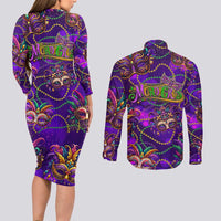 Mardi Gras Couples Matching Long Sleeve Bodycon Dress and Long Sleeve Button Shirt Mask Glitter Art
