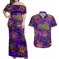 Mardi Gras Couples Matching Off Shoulder Maxi Dress and Hawaiian Shirt Mask Glitter Art