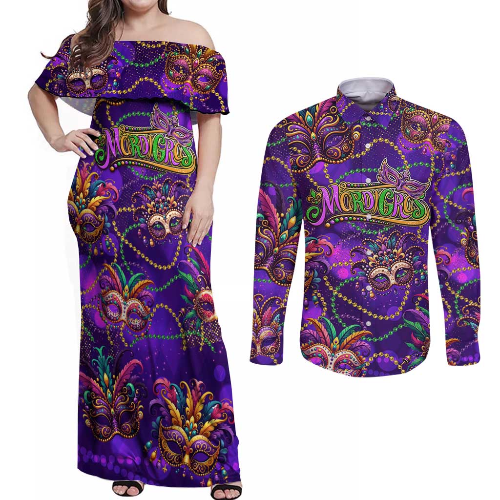 Mardi Gras Couples Matching Off Shoulder Maxi Dress and Long Sleeve Button Shirt Mask Glitter Art