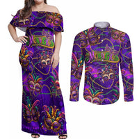 Mardi Gras Couples Matching Off Shoulder Maxi Dress and Long Sleeve Button Shirt Mask Glitter Art