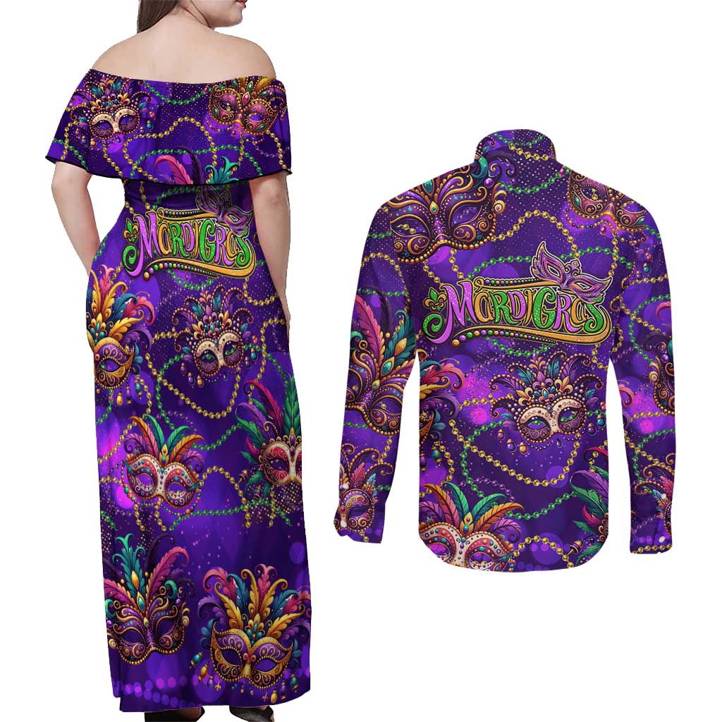 Mardi Gras Couples Matching Off Shoulder Maxi Dress and Long Sleeve Button Shirt Mask Glitter Art