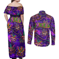 Mardi Gras Couples Matching Off Shoulder Maxi Dress and Long Sleeve Button Shirt Mask Glitter Art