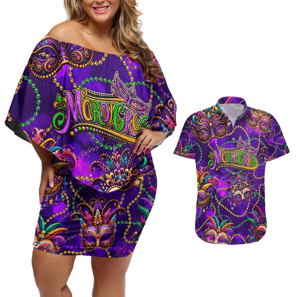 Mardi Gras Couples Matching Off Shoulder Short Dress and Hawaiian Shirt Mask Glitter Art