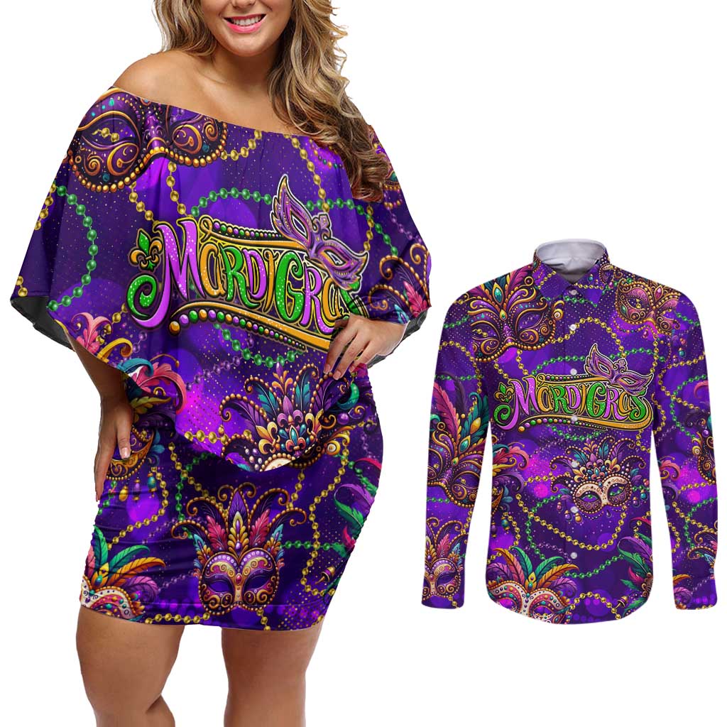 Mardi Gras Couples Matching Off Shoulder Short Dress and Long Sleeve Button Shirt Mask Glitter Art
