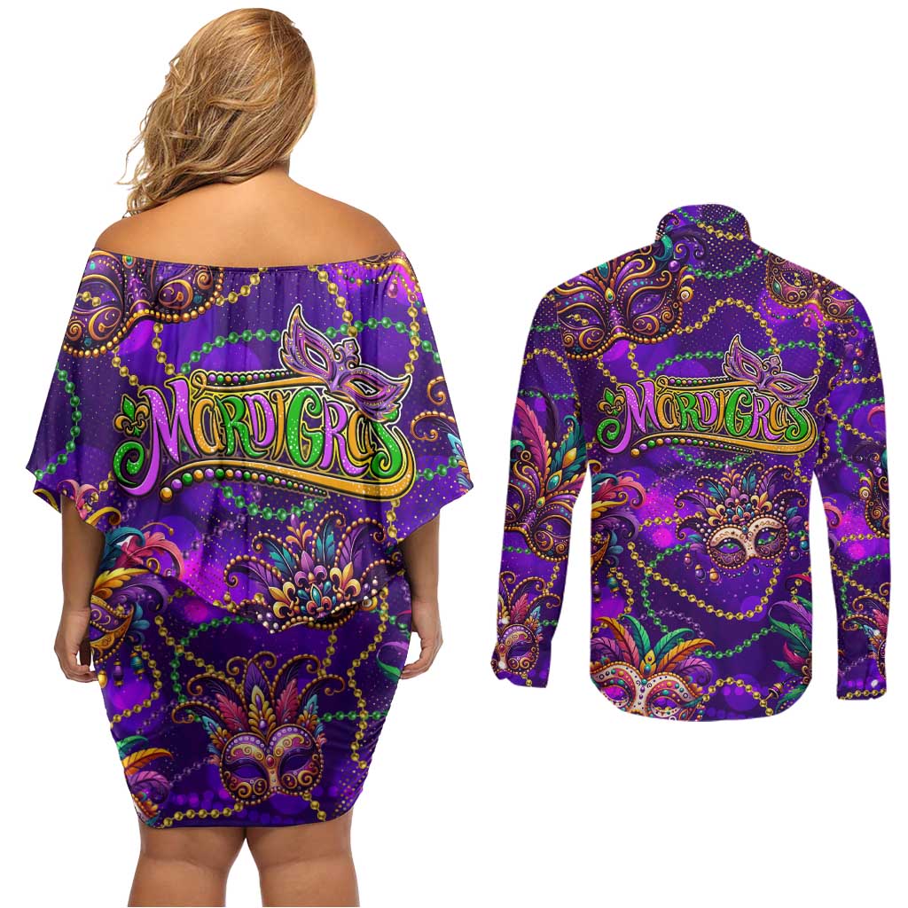 Mardi Gras Couples Matching Off Shoulder Short Dress and Long Sleeve Button Shirt Mask Glitter Art