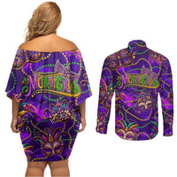 Mardi Gras Couples Matching Off Shoulder Short Dress and Long Sleeve Button Shirt Mask Glitter Art