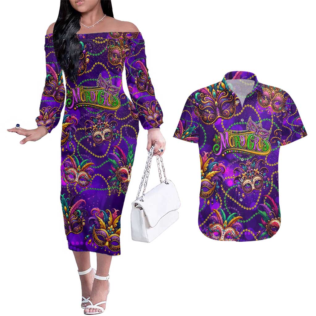 Mardi Gras Couples Matching Off The Shoulder Long Sleeve Dress and Hawaiian Shirt Mask Glitter Art