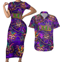 Mardi Gras Couples Matching Short Sleeve Bodycon Dress and Hawaiian Shirt Mask Glitter Art
