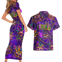 Mardi Gras Couples Matching Short Sleeve Bodycon Dress and Hawaiian Shirt Mask Glitter Art