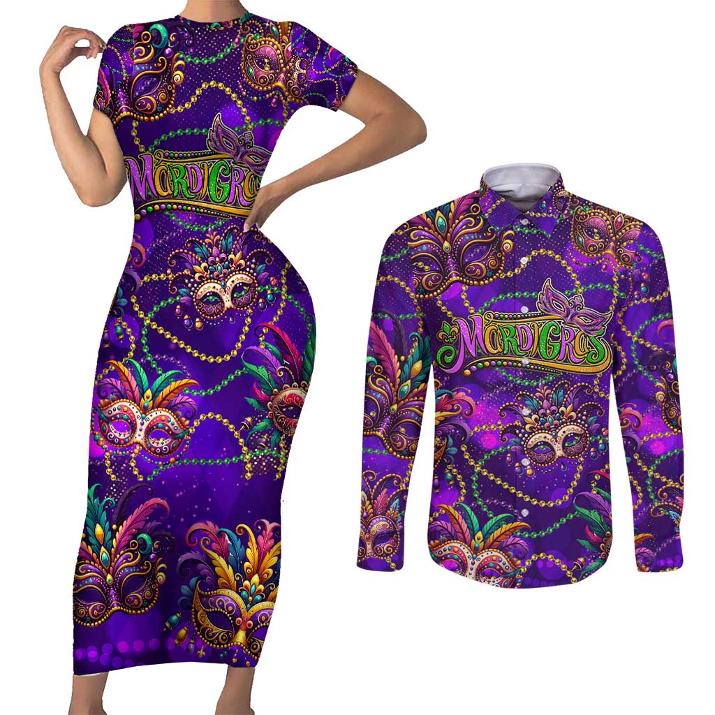 Mardi Gras Couples Matching Short Sleeve Bodycon Dress and Long Sleeve Button Shirt Mask Glitter Art