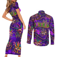 Mardi Gras Couples Matching Short Sleeve Bodycon Dress and Long Sleeve Button Shirt Mask Glitter Art