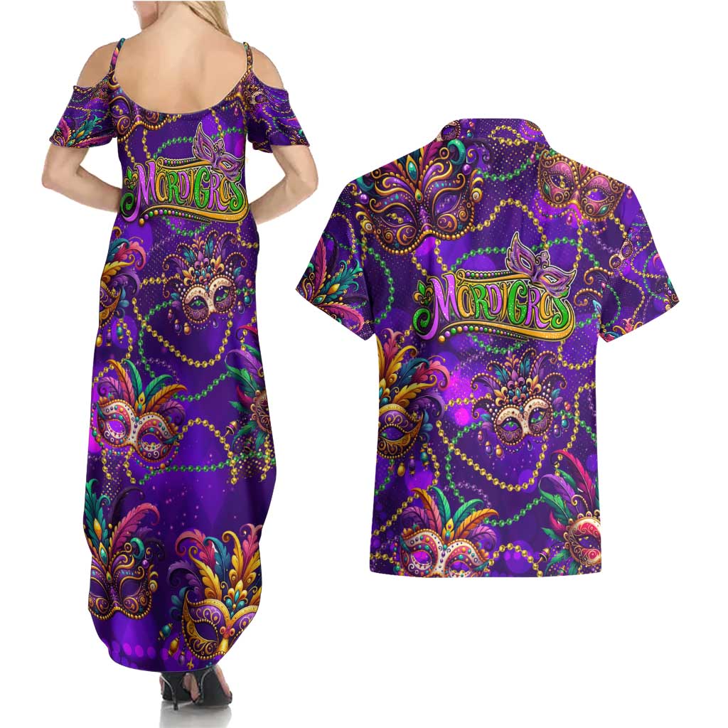 Mardi Gras Couples Matching Summer Maxi Dress and Hawaiian Shirt Mask Glitter Art