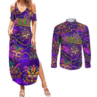Mardi Gras Couples Matching Summer Maxi Dress and Long Sleeve Button Shirt Mask Glitter Art