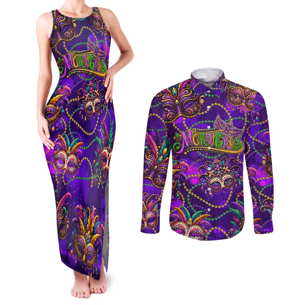 Mardi Gras Couples Matching Tank Maxi Dress and Long Sleeve Button Shirt Mask Glitter Art