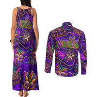 Mardi Gras Couples Matching Tank Maxi Dress and Long Sleeve Button Shirt Mask Glitter Art