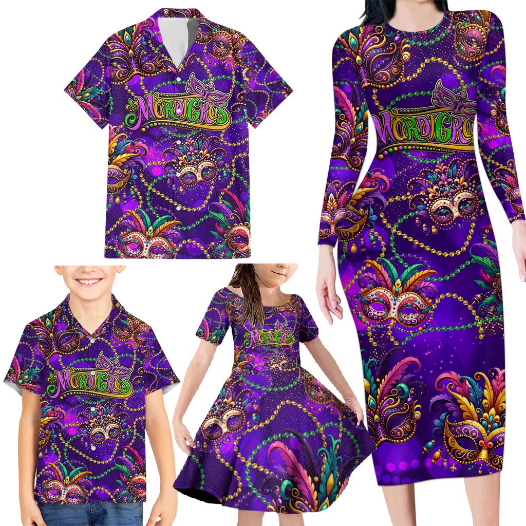 Mardi Gras Family Matching Long Sleeve Bodycon Dress and Hawaiian Shirt Mask Glitter Art